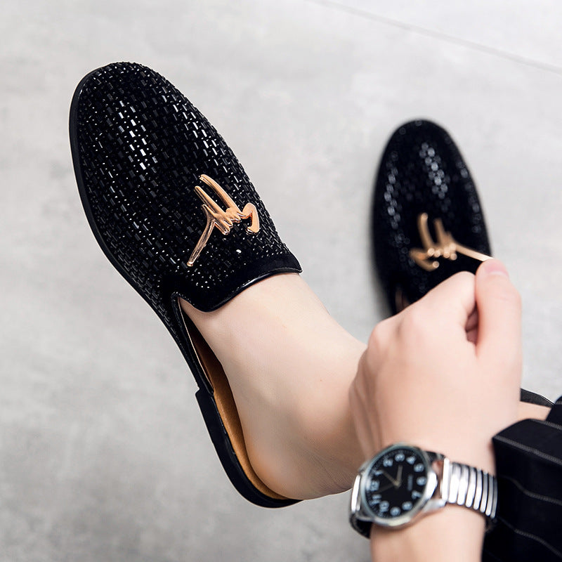 Men'S Semi-Slippers Summer Full-Drilled One-Foot Toe Capless Leather Shoes